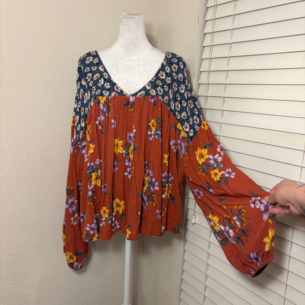 Vintage 90s Y2K Boho Floral V-Neck Babydoll Balloon Sleeve Blouse Orange Blue